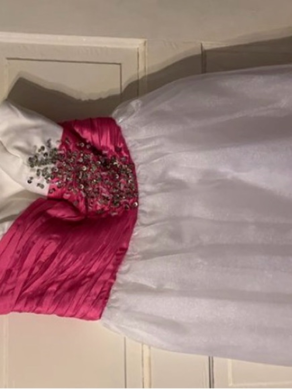 White and Hot Pink Beaded Bust Strapless Dress